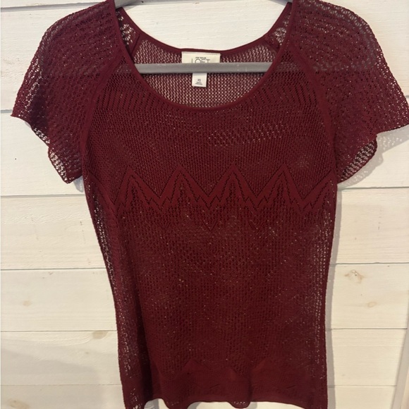 LOFT Burgundy Crochet Knit Short Sleeve Top - Picture 11 of 13